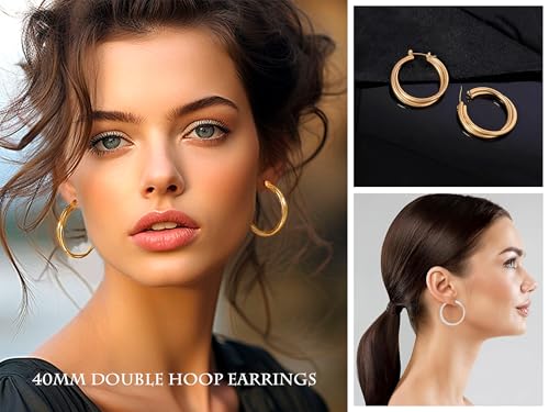 2 Pairs Gold/Silver Hoop Earrings For Women Set Trendy,14K Plated Gold Chunky Huggie Hoop Earings Pack,Oval Twisted Statement Silver Hoops,Fashion Jewelry Gift - color: 5) double hoop