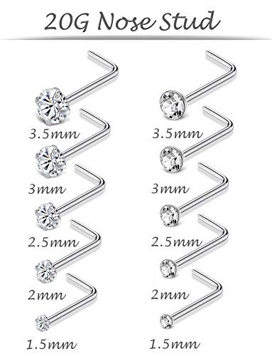 20G 10Pcs Stainless Steel L Screw Bone Shaped Nose Studs Rings Square Round CZ Nose Ring Labret Nose Piercing Jewelry for Men Women Silver Tone 1.5mm-2mm-2.5mm-3mm-3.5mm CZ - style: A:10Pcs,L Shaped