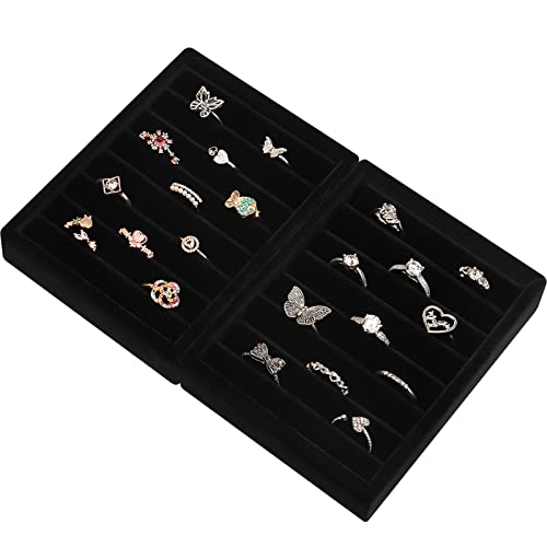 DesignSter Small Jewelry Tray-Ring Organizer 2PCS Premium Velvet Rings Earrings Display Tray Storage Insert Holder for Jewelry Box, Drawer, Dresser (8 Slots, Black) - color: Black, size: 8 Slots