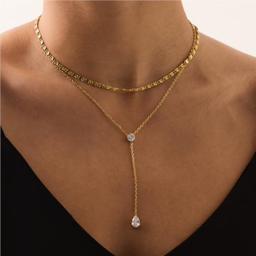 Lariat Necklace for Women CZ Y Shaped Necklaces Summer Birthday Jewelry Gifts - color: Gold Round Teardrop Drop