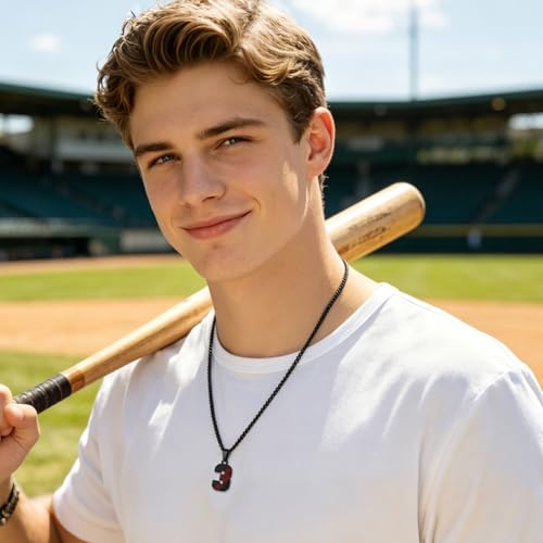 Hatti Doris Baseball Number Necklace for Men 00-99 - Jersey Number Necklace with Stainless Steel Gold Plated Chain & Baseball Charm Pendant - color: Black, style: 16