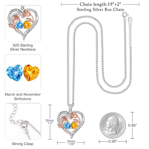 Iefil Birthstone Necklace for Women - Rose Heart Necklace | 925 Sterling Silver, Gift Box Packaging, Anniversary Birthday Gifts for Wife Mom Daughter - color: 03-11-Mar-Nov Birthstone