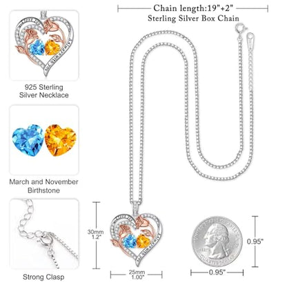 Iefil Birthstone Necklace for Women - Rose Heart Necklace | 925 Sterling Silver, Gift Box Packaging, Anniversary Birthday Gifts for Wife Mom Daughter - color: 03-11-Mar-Nov Birthstone