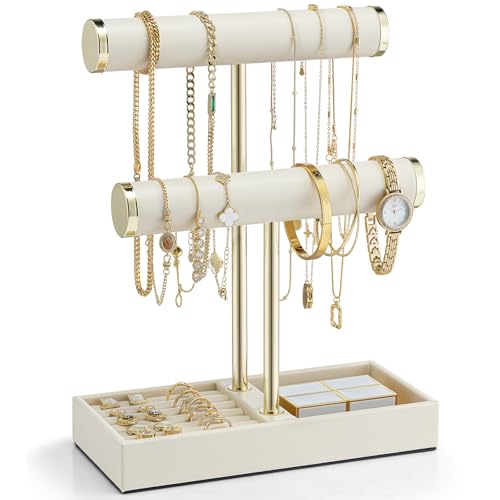 VLANDO 2 Tier Bracelet Holder Organizer with Tray - Leather Jewelry Stand Organizer for Women - Jewelry Holder Display for Necklace, Watches, Rings, Earrings, Bangle, Scrunchie - Cloud White - color: B. Cloud White, size: 2 Tier