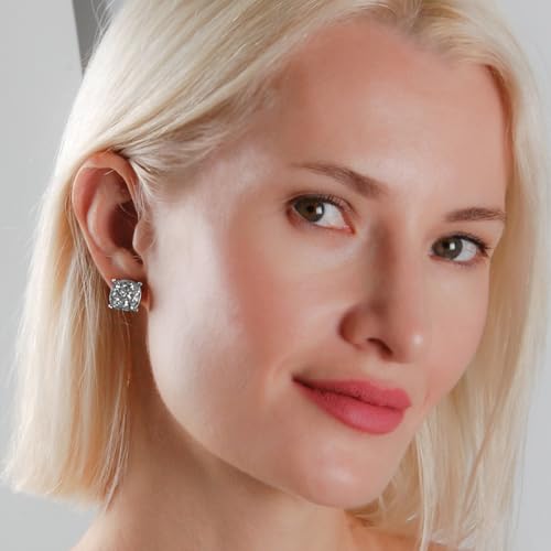 Large Square Stud Earrings for Women - Big Sparkly Rhinestone Studs | Plated in Gold Tone or Silver Tone, Hypoallergenic and Safe for Sensitive Ears - color: Silver Glitter - Silver Tone Metal
