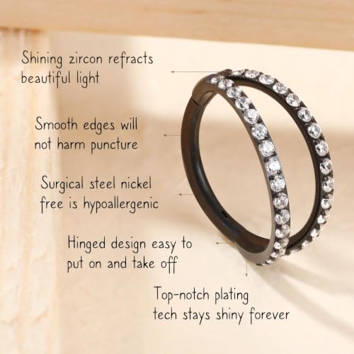 AROWRO Conch Piercing Jewelry Nose Rings Hoops Septum Cartilage Helix Rook | Surgical Steel Gold Silver Cartilage Earrings for Women Tragus Helix Piercing Jewelry 16G 18G 20G With Cubic Zirconia Opal - color: Black-D1 Clear CZ, size: 16G(1.2mm)-6mm