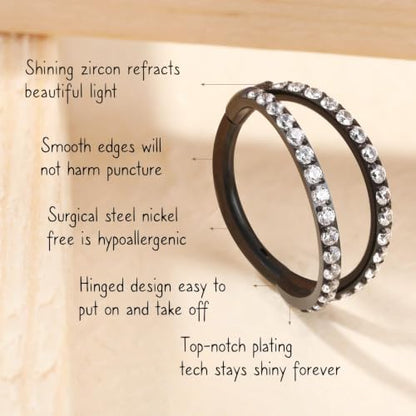AROWRO Conch Piercing Jewelry Nose Rings Hoops Septum Cartilage Helix Rook | Surgical Steel Gold Silver Cartilage Earrings for Women Tragus Helix Piercing Jewelry 16G 18G 20G With Cubic Zirconia Opal - color: Black-D1 Clear CZ, size: 16G(1.2mm)-6mm