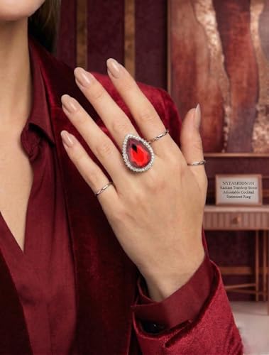 NYFASHION101 Radiant Teardrop Stone Adjustable Cocktail Statement Ring - color: Clear Encircled Teardrop, Red