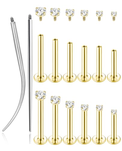 6Pairs 18K Gold Plated Internally Threaded Nose Piercing Studs Stainless Steel Lip Studs CZ Flat Back Stud Earrings Nostril Labret Conch Cartilage Earrings Helix Tragus 6/7/7/8/10/12mm 16G 18G - color: Gold, size: 16G