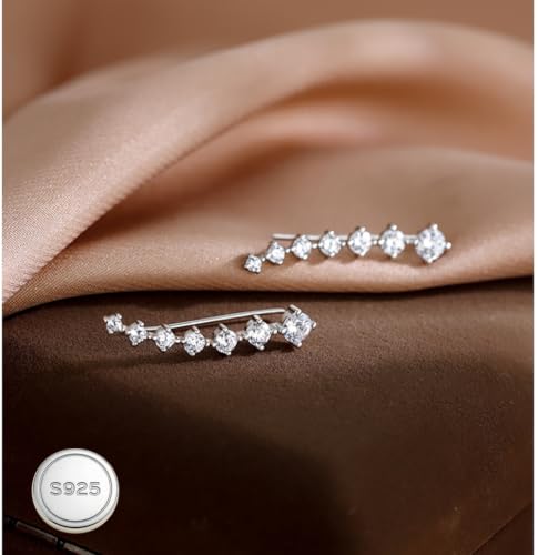 Reffeer Solid 925 Sterling Silver 7 Crystals Cuff Earrings Climber for Women Crawler Earrings Wraps - color: A-Silver
