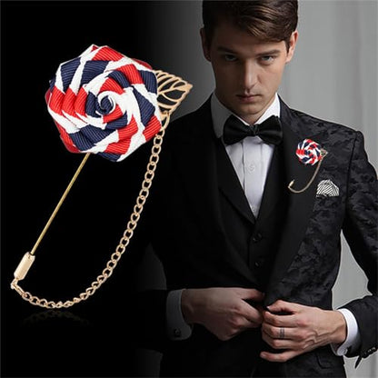 WCRAZYE Men Cloth Rose Flower with Gold Leaf Brooches Men's Satin Lapel Pins with Metal Chain Red Blue Rose Floral Lapel Stick Handmade Boutonniere Pins for Suit Wedding Brooch Career Suit Tuxedo of Shirts Tie Hat Scarf for Birthday Wedding Gift - color: