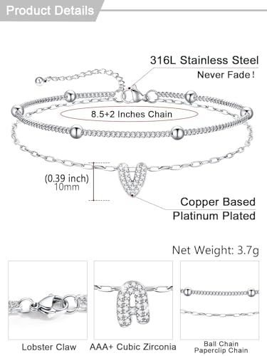 U7 Initial Ankle Bracelets for Women Silver/Gold Anklets Waterproof, 14K Gold Plated Layered Anklets Bracelet Stainless Steel Hypoallergenic 8.5"-10.5" - color: Silver-CZ, size: V