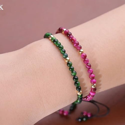 Natural Stone&925 Sterling Silver/18K Gold Anklet,│4MM│9-12 in│, Hand Woven, Adjustable Size - color: Rose Tiger's Eye Anklet,4MM