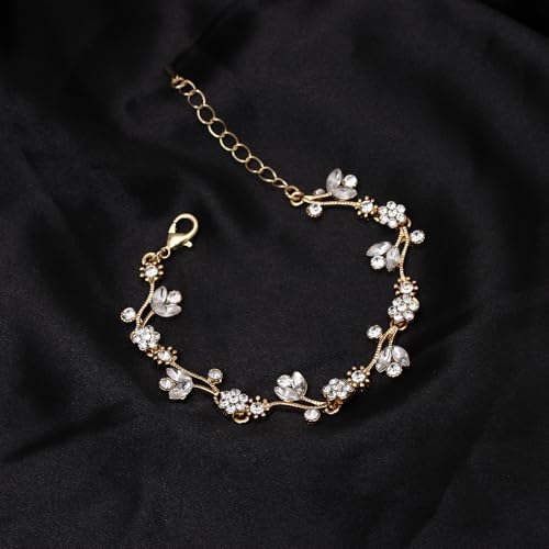 Elegant Brides Austrian Crystal Flower Choker Necklace Drop Dangle Earring Bracelet Wedding Jewelry Set for Bridesmaid Prom Costume Jewelry Set for Women - color: White-Gold Plated