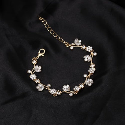 Elegant Brides Austrian Crystal Flower Choker Necklace Drop Dangle Earring Bracelet Wedding Jewelry Set for Bridesmaid Prom Costume Jewelry Set for Women - color: White-Gold Plated