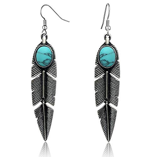 Women's Created-Turquoise Earrings Bohemian Compressed-Turquoise Jewelry Mother Gifts Pendant Metal Tribal Feather Tibetan Dangle Drop Earrings for Women | Compressed-Turquoise Jewelry,Mother Gifts,Pendant Metal Tribal Feather Tibetan Dangle Drop Earrings