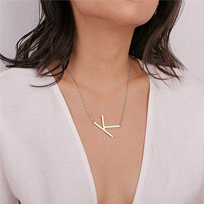 MOMOL Sideways Initial Necklace 18K Gold Plated Stainless Steel Large Big Letters Pendant Necklace Script Name Monogram Necklaces for Women - color: Q
