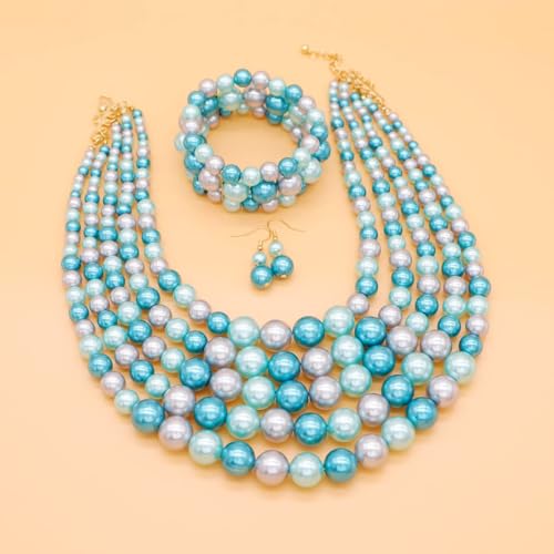 Faux Big Pearl Srand Necklaces for Women 5 Layers Pearls Choker Bib Collar Necklace Bracelet and Earrings set 1920s Costume Pearl Jewelry Bridal Wedding - color: colorful blue