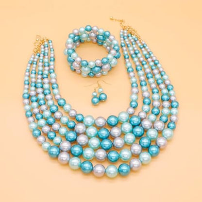 Faux Big Pearl Srand Necklaces for Women 5 Layers Pearls Choker Bib Collar Necklace Bracelet and Earrings set 1920s Costume Pearl Jewelry Bridal Wedding - color: colorful blue