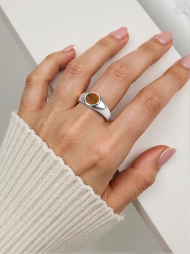 MYNENEY Stainless Steel Round Shape Classical Simple Plain Wedding Engagement Statement Pinky Band Signet Rings for Men Women Size 4-15 - color: Cat's eye-Silver