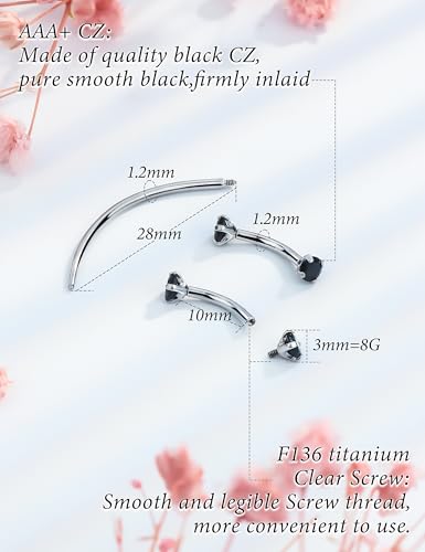 Eyebrow Piercing Jewelry F136 Titanium Internally & externally Threaded Curved Barbell Vertical Labret Lip Jewelry Ear Rook Navel Belly Button Ring Women Men 20g 18g 16g 6mm/8mm/10mm/12mm - color: 10mm F136 titanium Eyebrow Rings 16G Black