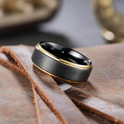 King Will Mens Brushed Wedding Band, Two Tone Matte Step Edges/Pipe Cut, Tungsten Carbide Anniversary Promise Rings Comfort Fit - color: Black&Gold Edge-8mm