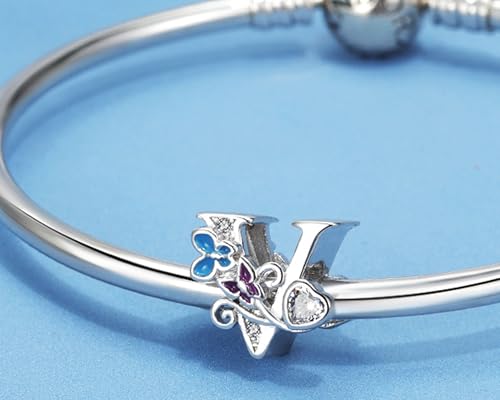 S925 Silver Butterfly Initial Letter Charms Fit for Pandora Charms Bracelets and Necklace Alphabet Bead Charms Jewelry Gifts for Women - color: V