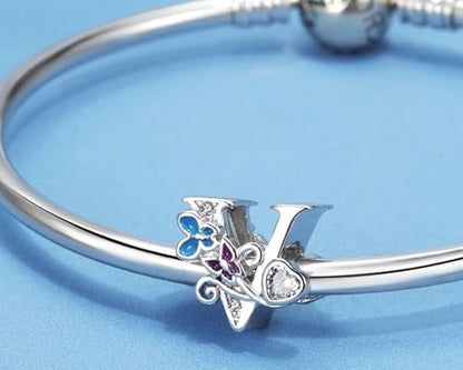 S925 Silver Butterfly Initial Letter Charms Fit for Pandora Charms Bracelets and Necklace Alphabet Bead Charms Jewelry Gifts for Women - color: V