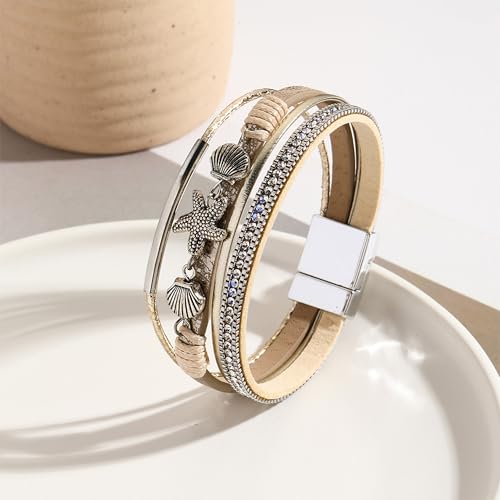 VIBILIA Boho Leather Wrap Bracelets for Women Multi-Layer Bracelets | With Strong Clasp Jewelry for Women - color: 04-ShellStarfish-Khaki