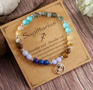 XAM 12 Zodiac Stone Beaded Bracelet - Natural Gemstone & Stainless Steel Charm Constellation Jewelry - color: B