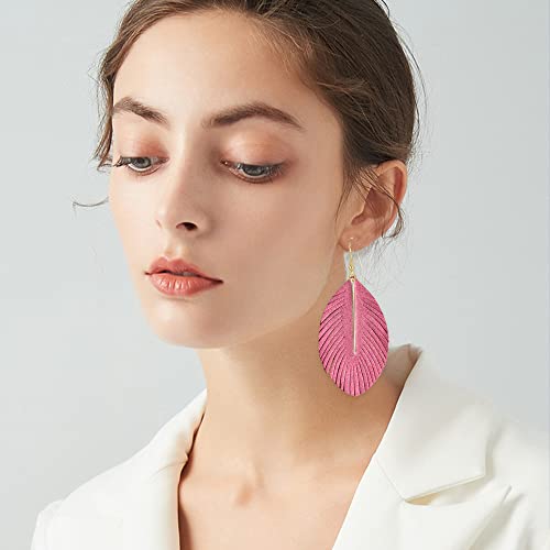 YUNXI Large Genuine Soft Leather Handmade Fringe Feather Lightweight Leaf with Simple Drop Metal Bar Tear Drop Dangle Color Earrings for Women - color: Pink
