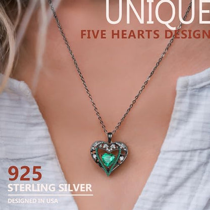 5 Heart I Love You Necklace for Women, Birthstone Crystal Pendant, Birthday Gift for Her, Wife, Mom, Rose Gold or Gunmetal Plated, 925 Sterling Silver Chain 18"+2" - color: 18-May-Emerald Green-GunMetal Plated