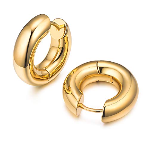 Small Huggie Hoop Earrings For Women, Real Gold Plated Croissant Square Round Earrings Lightweight Everyday Jewelry Hypoallergenic for Sensitive Ears - color: Small Round Hoop
