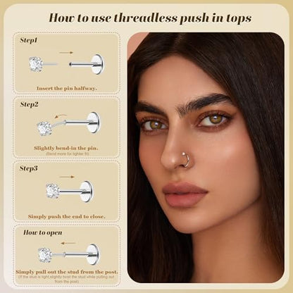 REVOLIA 12Pcs 20G Nose Ring Set 316L Stainless Steel Nose Rings Hoop for Women CZ L Shaped Studs Dangle Heart Butterfly Screw Nose Studs Cute Threadless Flat Back Nose Piercings Jewelry - color: Silver