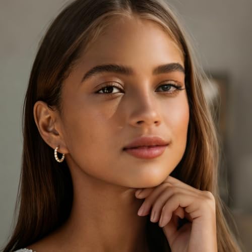 Inside-Out CZ Hoop Earrings, Small Hoop Earrings for Women Huggie Earrings | 14k Gold Plated Huggie Hoop Earrings with Stones for Work, Weekends and Everyday - color: 14k gold