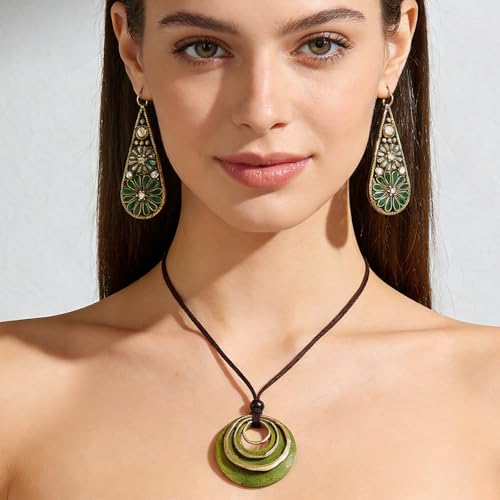 Western Jewelry Sets for Women Boho Jewelry, Layer Bohemian Necklace Earrings Bracelet, Cowgirl Accessory Rodeo Summer Beach - color: Green