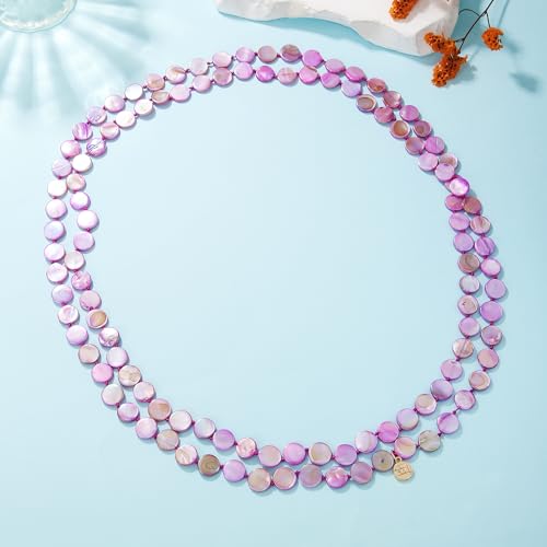 Firstmeet Flat Round Coin Shell Beads Long Knotted Necklace Natural Mother of Pearl Handmade Jewelry For Women - color: S-Purple AB