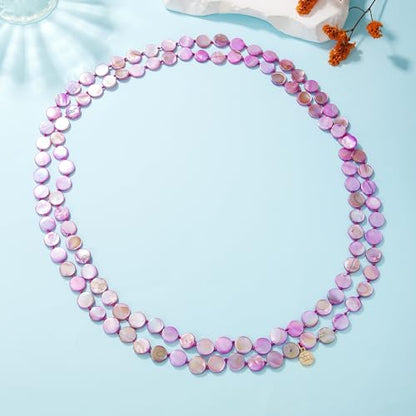 Firstmeet Flat Round Coin Shell Beads Long Knotted Necklace Natural Mother of Pearl Handmade Jewelry For Women - color: S-Purple AB