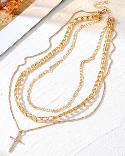 Gold Layered Necklaces for Women Chunky Layered Gold Necklaces Stacked Paperclip Chain Pearl Necklace Herringbone Toggle Clasp Choker Trendy Statement Jewelry Gifts - color: A5:gold layered necklace