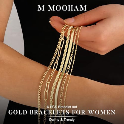 M MOOHAM Gold Bracelets Set for Women No Tarnish | 14K Gold Plated, Dainty Stackable Bracelets Stack for Women, Herringbone Paperclip Rope Cuban Chain Bracelet Set Stack - color: 3.Rope Snake Paperclip Set 1
