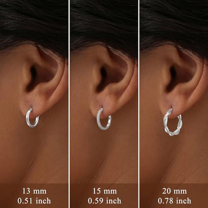 Charmsy Set of 3 Pairs 925 Sterling Silver Hoop Earrings for Women | Lightweight Italian 2.5mm Tube Diamond-Cut Classic Texured Click-Top Hoops Earring | Size 12/13/15/18/20/25mm - color: Tri-PAIR-13/15/20mm