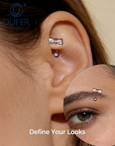 OUFER 16G Rook Earring Piercing Jewelry-316L Surgical Steel Pink Clear CZ Bow Eyebrow Rings, 6/8MM Curved Barbell Vertical Labret Lip Piercing Jewelry - color: Silver