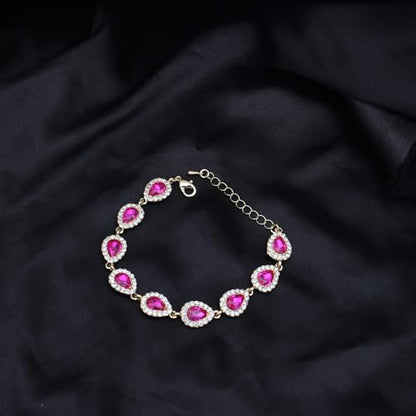 Austrian Crystal Rhinestone Necklace Dangle Earrings Link Bracelet Jewelry Set for Brides Bridesmaid Prom Costume Accessories for Women - color: Rose Red-Gold Plated