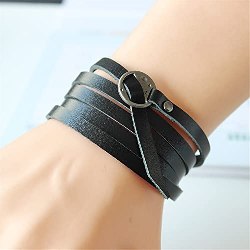 Handmade Genuine Leather 0.6cm Width 5 Wrap Bracelet for Women Alphabets Stamped Inspirational Words Multilayer Leather Bracelet Jewelry Gift For Men Women - color: Black