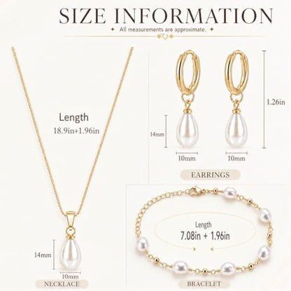 3Pcs Women's Gold Pearl Jewelry Set – 14K Gold-Plated Necklace Earrings And Bracelet Combo Includes An Exquisite Pearl Pendant Necklace Pearl Drop Earrings And An Adjustable Bracelet Perfect For Weddings Or As A Jewelry Gift For Her