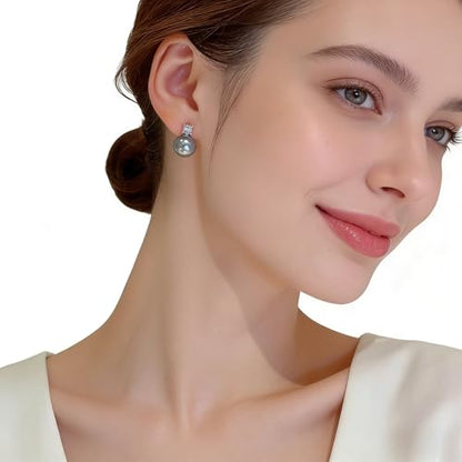 Faux Pearl Cubic Zirconia Stud Earrings, Hypoallergenic Lightweight Round Pearl Studs for Women - color: Blueish Silver, size: Pearl 10mm-CZ 3mm