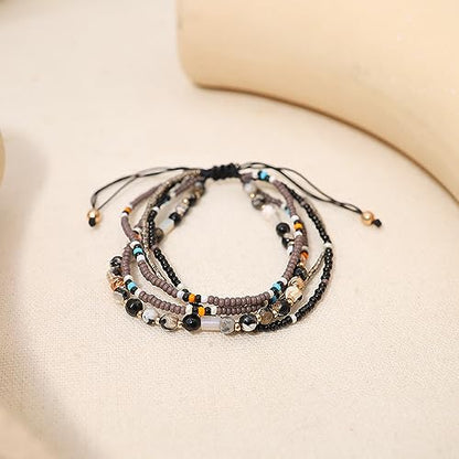 Boho Braided Beaded Ankle Bracelets Handmade Adjustable Beach Wrap Bracelet Draw String Anklets Bracelets Gifts for Women - color: Gray