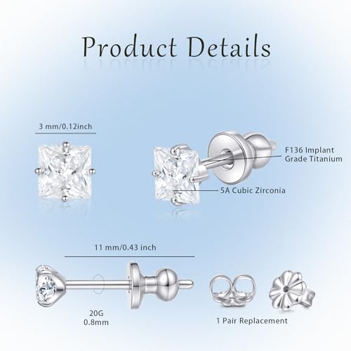 Limerencia Hypoallergenic G23 Pure F136 Implant Grade Titanium Earrings | 20G Flat Back Studs with CZ, Available in Round, Princess-Cut, Square & Ball, Earrings for Women and Men with Sensitive Ears - style: 3mm Square CZ
