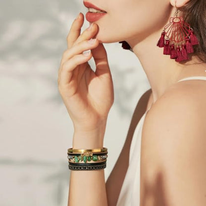 Wrapped Bracelets for Women,Leather Boho Bracelets for Women - color: Stone-Green