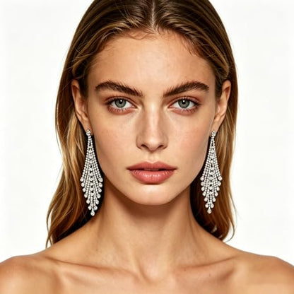 Rhinestone Earrings Dangling for Women Sparkly Silver Dangle Earrings Girls Long Chandelier Earrings Tassel Lightweight Ear Studs Cubic Zirconia (KE001S-W) - color: Dangle 616904S-YZ